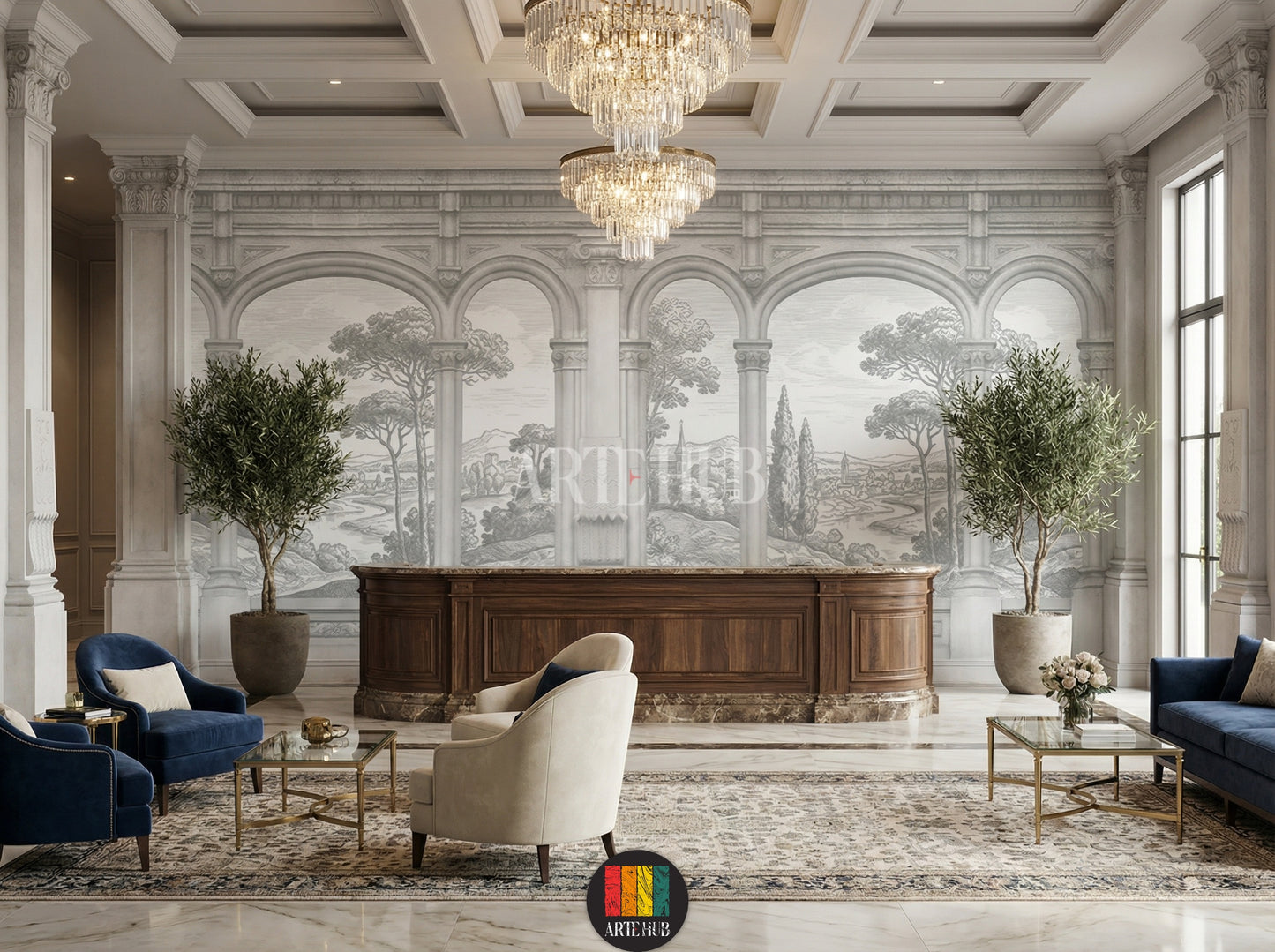 Elegant monochrome architectural wallpaper mural showing classical arches and a scenic landscape in a luxury lobby, premium modern wall decor in Egypt.
room: lobby