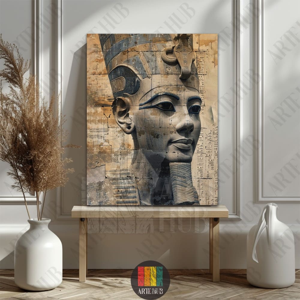 A premium canvas wall art featuring a detailed pharaonic bust with ancient Egyptian hieroglyphs in a textured stone aesthetic, perfect for luxury home decor in Egypt.