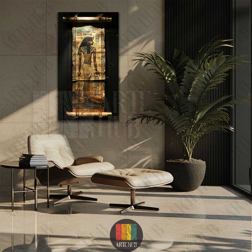 A luxury vertical canvas wall art piece depicting an ancient Egyptian pharaoh on a textured papyrus scroll, displayed in a modern luxury living room in Egypt.