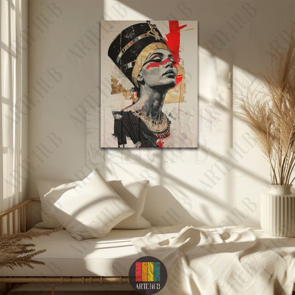 A striking modern canvas wall art of Queen Nefertiti with abstract red and gold accents, displayed in a minimal bedroom setting in Egypt.