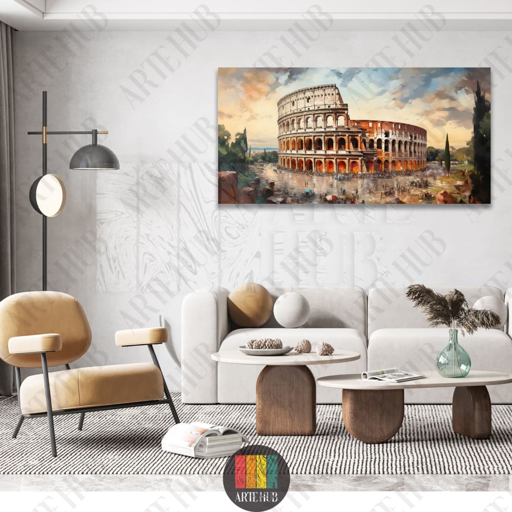 Impressionist painting of the Roman Colosseum on a large canvas wall art piece displayed in a contemporary luxury living room setting in Egypt.