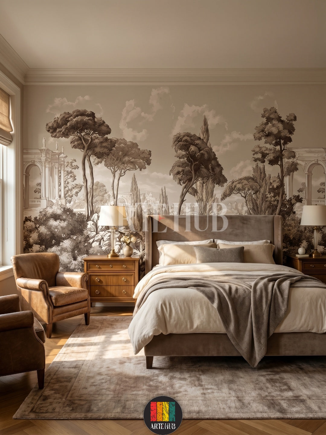 A premium sepia-toned vintage landscape wallpaper mural featuring classical architecture and pine trees behind a luxury bed in an elegant room.
room: bedroom