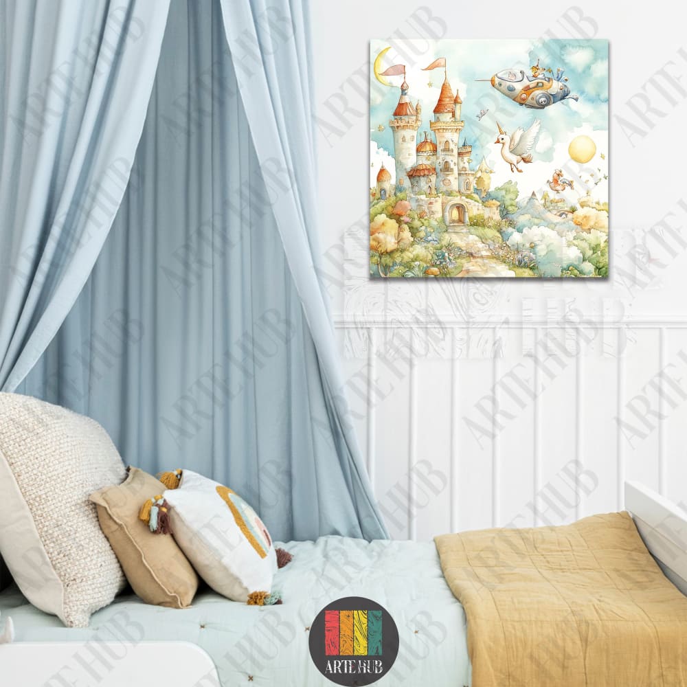 A beautiful watercolor canvas wall art featuring a fairy tale castle in the clouds with a whimsical flying ship for a child's nursery.