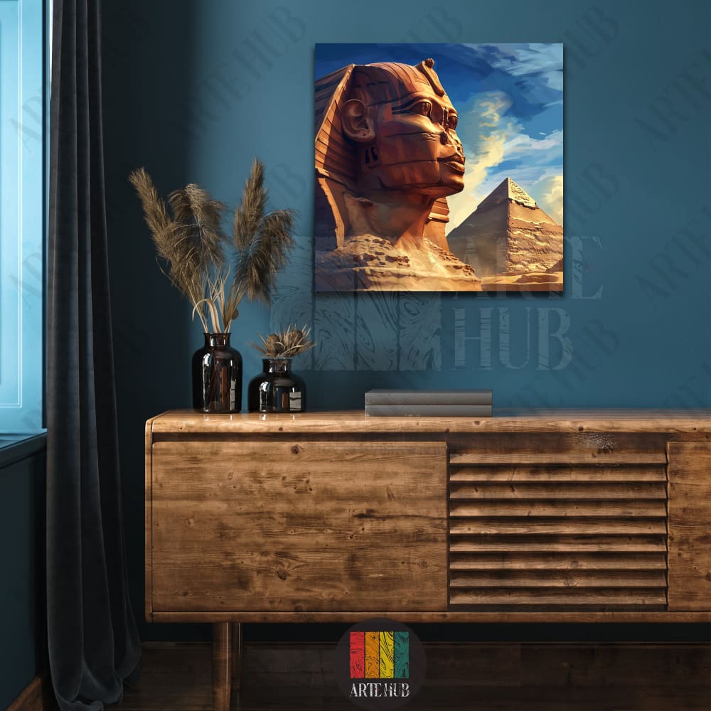 Modern artistic canvas wall art of the Sphinx and Pyramids of Giza in warm earthy tones, perfect for luxury interior design.