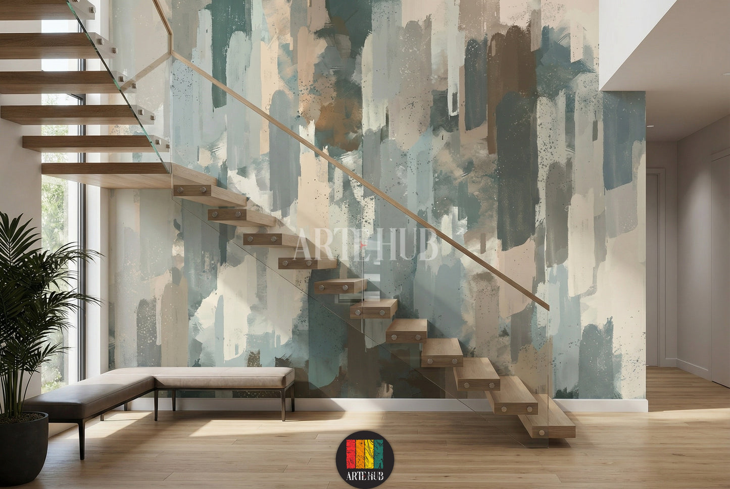 Full view of a modern bedroom with an abstract brushstroke wallpaper in muted green, blue, brown, and beige tones, creating a stylish focal point for homes in Egypt.
صورة كاملة لغرفة نوم مودرن مع ورق حائط بتصميم فرشاة تجريدي بألوان هادئة من الأخضر والأزرق والبني والبيج، لمسة عصرية لديكورات المنازل في مصر.
room: stairs
