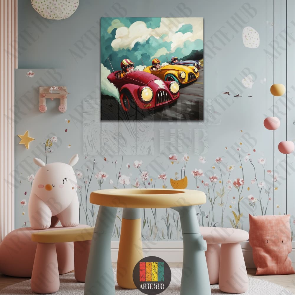 Vibrant canvas wall art featuring colorful cartoon racing cars and clouds in a children's playroom setting, perfect for luxury home decor in Egypt.