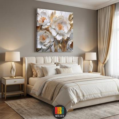 Luxurious 3D-effect white peony flowers with gold leaf accents on canvas wall art by Artehub, perfect for modern Egyptian home interiors and wall decor in Egypt.

 تابلوه كانفاس من Artehub يجسد ورود بيضاء بلمسات ذهبية ثلاثية الأبعاد، مثالي لتزيين جدران المنازل العصرية في مصر وإضافة لمسة من الفخامة للديكور.