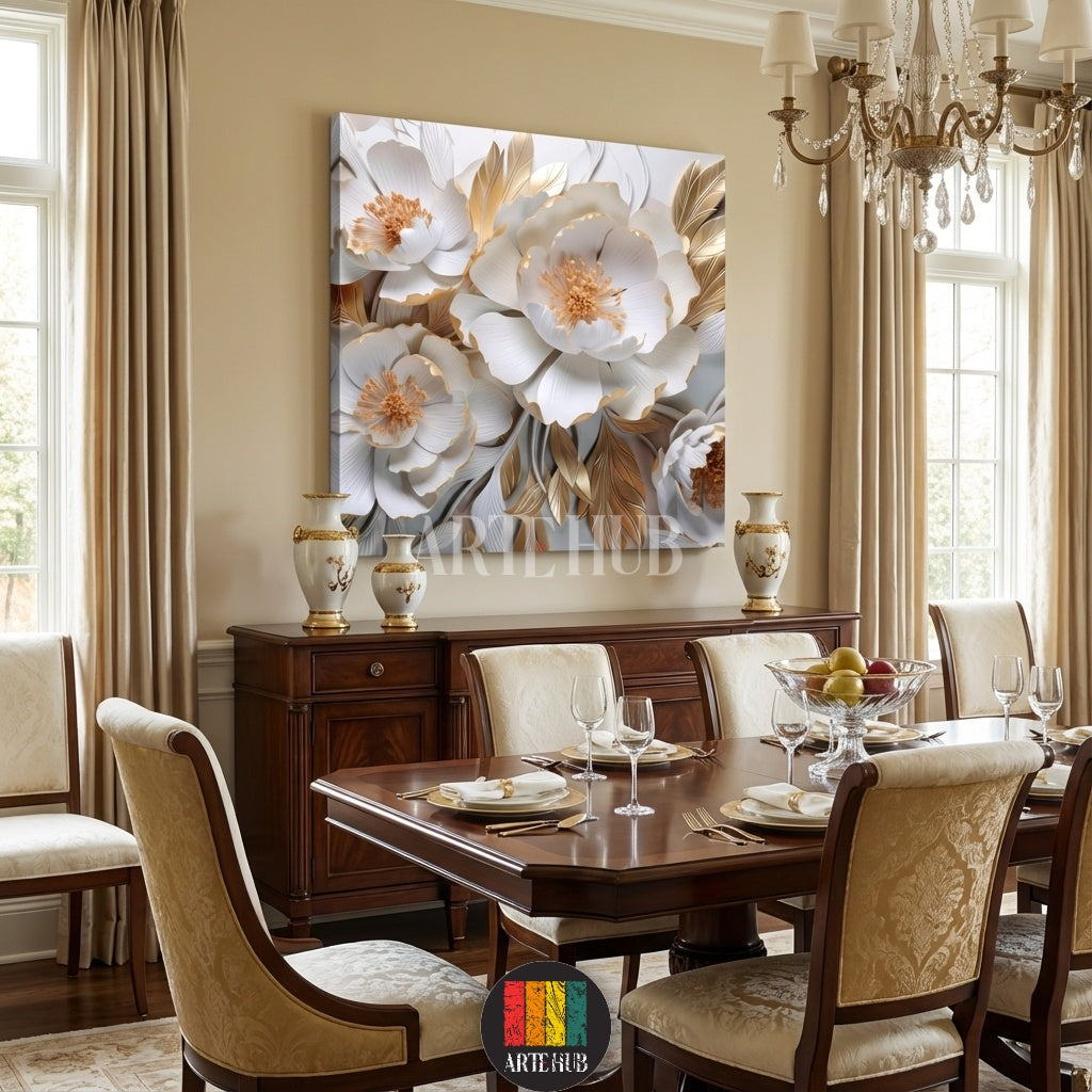 Luxurious 3D-effect white peony flowers with gold leaf accents on canvas wall art by Artehub, perfect for modern Egyptian home interiors and wall decor in Egypt.

 تابلوه كانفاس من Artehub يجسد ورود بيضاء بلمسات ذهبية ثلاثية الأبعاد، مثالي لتزيين جدران المنازل العصرية في مصر وإضافة لمسة من الفخامة للديكور.