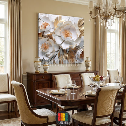 Luxurious 3D-effect white peony flowers with gold leaf accents on canvas wall art by Artehub, perfect for modern Egyptian home interiors and wall decor in Egypt.

 تابلوه كانفاس من Artehub يجسد ورود بيضاء بلمسات ذهبية ثلاثية الأبعاد، مثالي لتزيين جدران المنازل العصرية في مصر وإضافة لمسة من الفخامة للديكور.