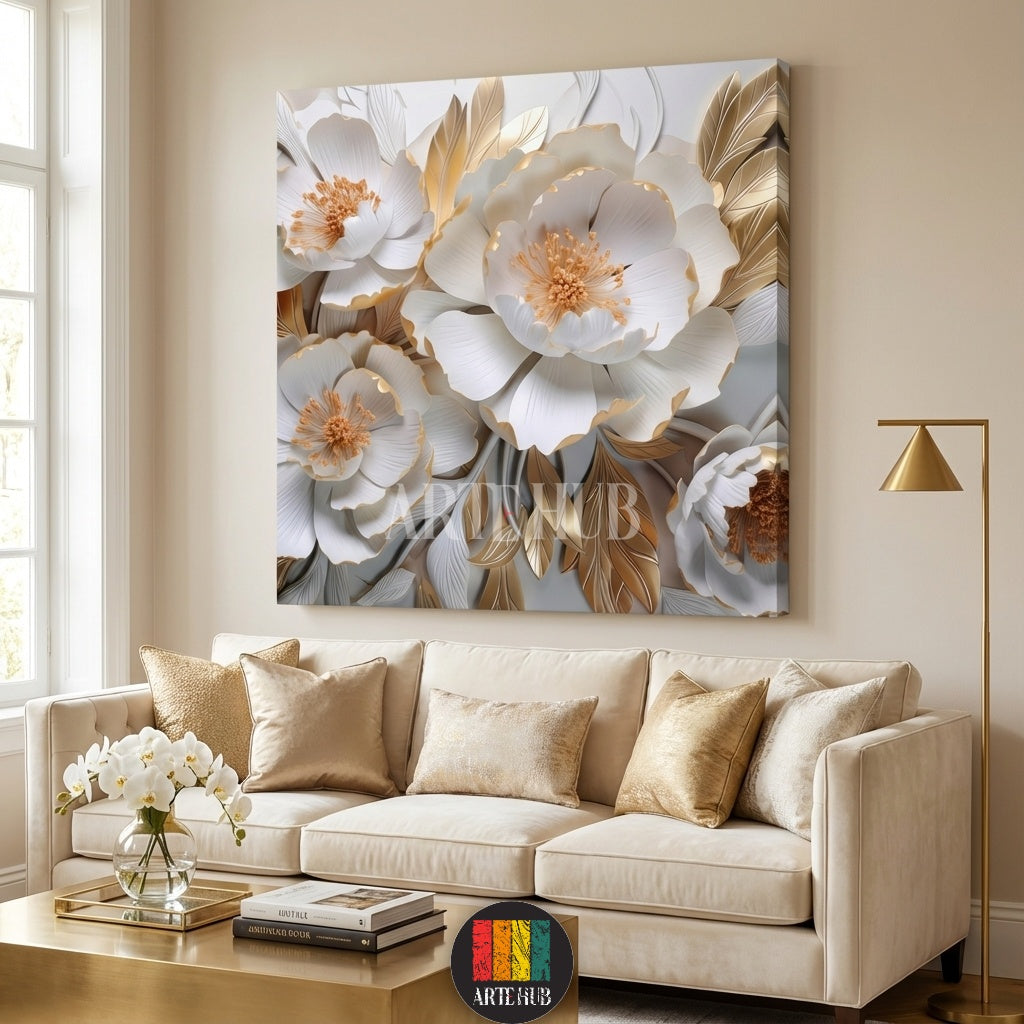  Luxurious 3D-effect white peony flowers with gold leaf accents on canvas wall art by Artehub, perfect for modern Egyptian home interiors and wall decor in Egypt.

 تابلوه كانفاس من Artehub يجسد ورود بيضاء بلمسات ذهبية ثلاثية الأبعاد، مثالي لتزيين جدران المنازل العصرية في مصر وإضافة لمسة من الفخامة للديكور.