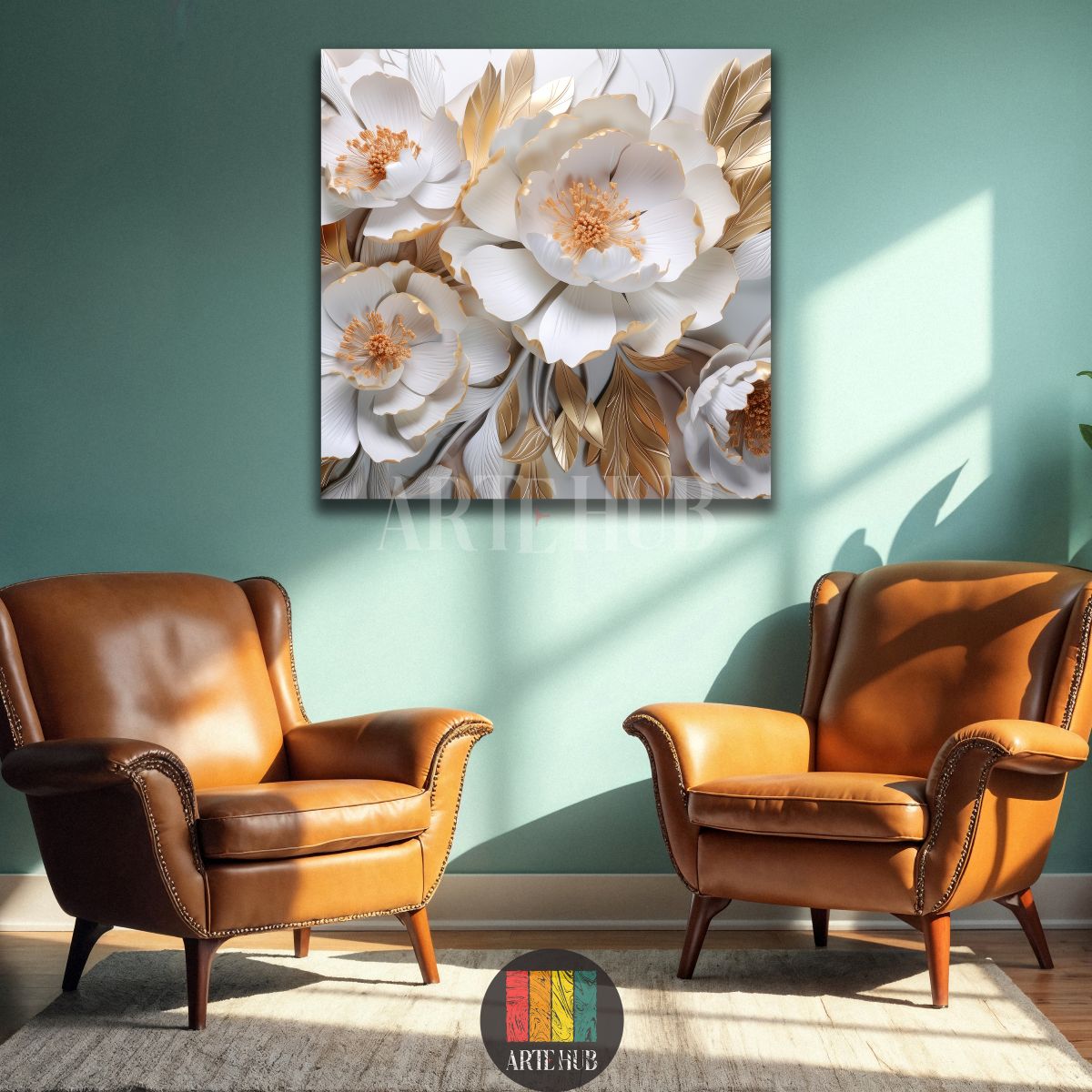 Luxurious 3D-effect white peony flowers with gold leaf accents on canvas wall art by Artehub, perfect for modern Egyptian home interiors and wall decor in Egypt.

 تابلوه كانفاس من Artehub يجسد ورود بيضاء بلمسات ذهبية ثلاثية الأبعاد، مثالي لتزيين جدران المنازل العصرية في مصر وإضافة لمسة من الفخامة للديكور.