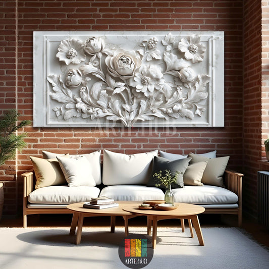 A large white 3D floral relief wall art canvas hanging above a modern sofa against a brick wall in an Egyptian living room, adding elegance and depth.
تابلوه حائط كبير أبيض بتصميم أزهار ثلاثي الأبعاد معلق فوق أريكة عصرية على جدار من الطوب في غرفة معيشة مصرية، يضيف أناقة وعمقاً للمكان.