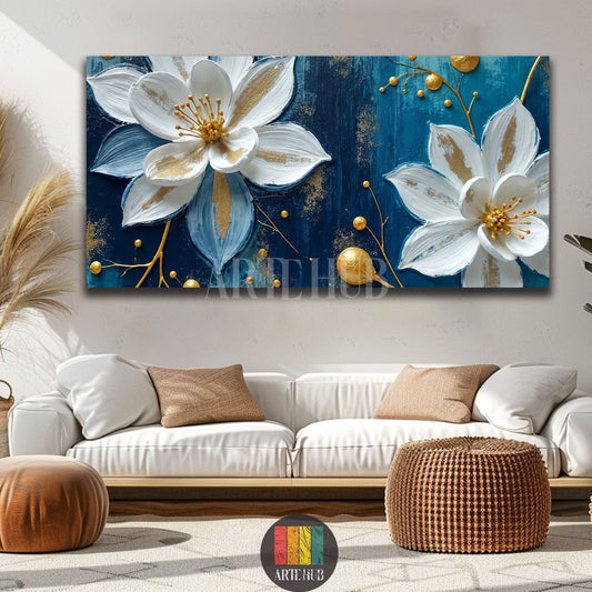 A large rectangular 3D textured canvas featuring white and blue flowers with golden accents on a dark blue background, displayed above a white sofa in a bright living room in Egypt, perfect for modern home decor.
تابلوه كانفاس مستطيل ثلاثي الأبعاد يظهر زهورًا بيضاء وزرقاء مع لمسات ذهبية على خلفية زرقاء داكنة، معروض فوق كنبة بيضاء في غرفة معيشة مضيئة في مصر، مثالي لديكور المنزل العصري.