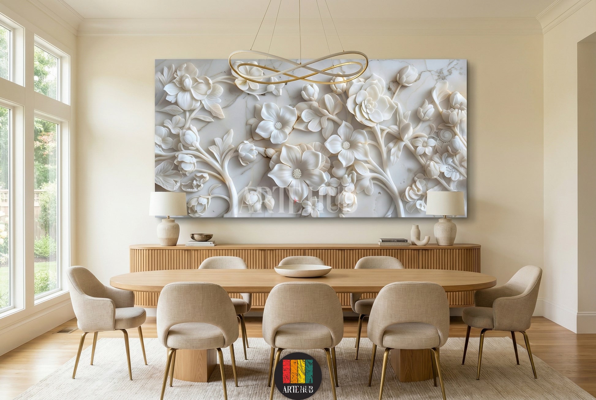 Large white canvas print featuring intricate 3D-effect floral relief against a subtle marble background, displayed elegantly above a modern grey bed in a bedroom. Ideal for sophisticated Egyptian home decor.
تابلوه كانفاس كبير بتصميم زهور بارزة ثلاثية الأبعاد على خلفية رخامية بيضاء، معلق فوق سرير رمادي عصري في غرفة نوم. مثالي لديكور المنزل الأنيق في مصر.