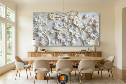 Large white canvas print featuring intricate 3D-effect floral relief against a subtle marble background, displayed elegantly above a modern grey bed in a bedroom. Ideal for sophisticated Egyptian home decor.
تابلوه كانفاس كبير بتصميم زهور بارزة ثلاثية الأبعاد على خلفية رخامية بيضاء، معلق فوق سرير رمادي عصري في غرفة نوم. مثالي لديكور المنزل الأنيق في مصر.