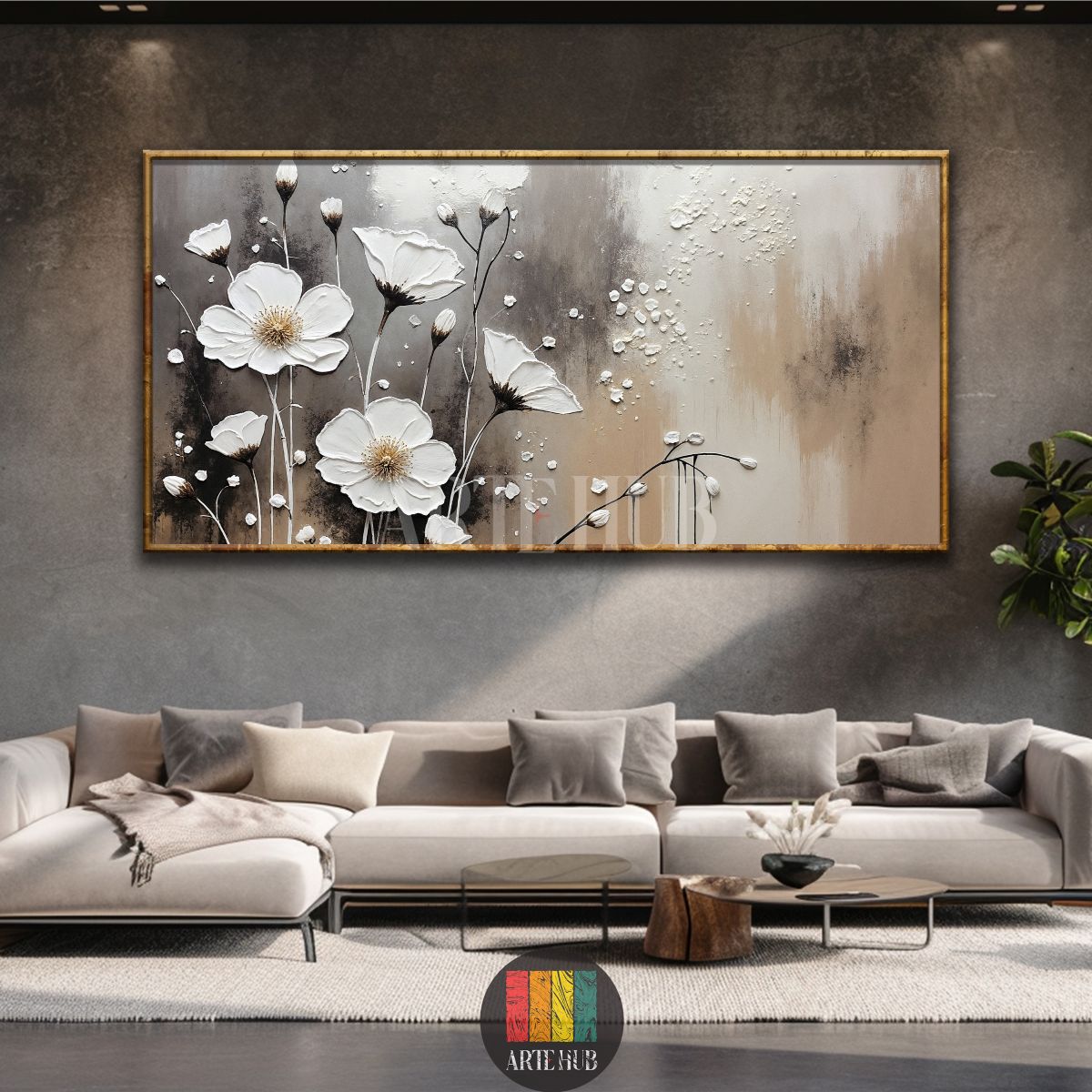 Large framed 3D textured white floral canvas wall art with abstract grey and beige background, hanging above a contemporary grey sofa in an Egyptian living room. Ideal for modern home decor in Egypt.
لوحة فنية كبيرة مؤطرة من الكانفاس بتصميم زهور بيضاء بارزة ثلاثية الأبعاد على خلفية تجريدية رمادية وبيج، معلقة فوق أريكة رمادية عصرية في غرفة معيشة مصرية. مثالية لديكور المنزل العصري في مصر.