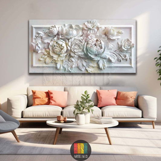 Elegant 3D-effect white floral relief canvas wall art mounted in a modern living room in Egypt.