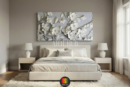 Elegant 3D white magnolia flower blossoms canvas wall art for modern bedroom decor in a luxury Egypt home interior.