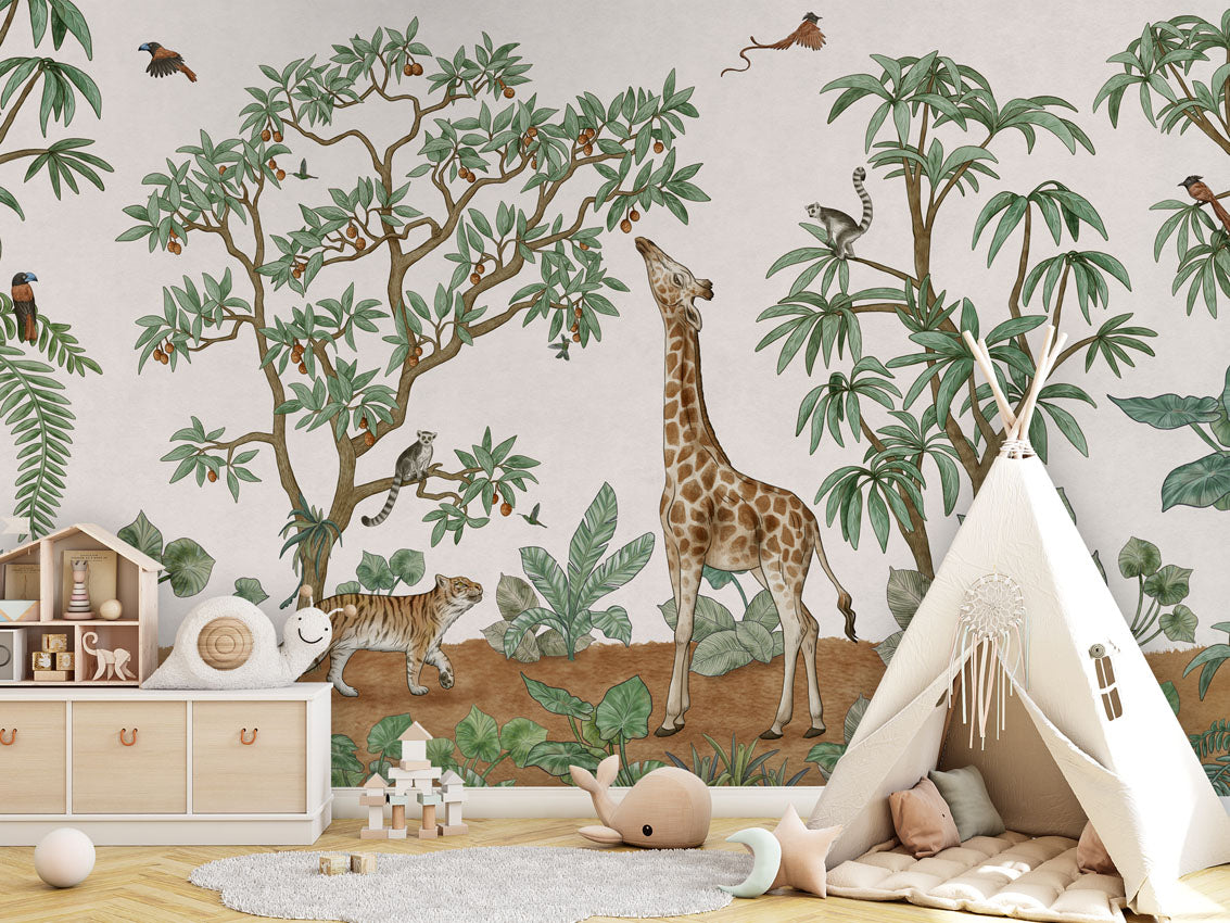 Animals in the Jungle luxury wallpaper in kids room interior — Artehub Egypt