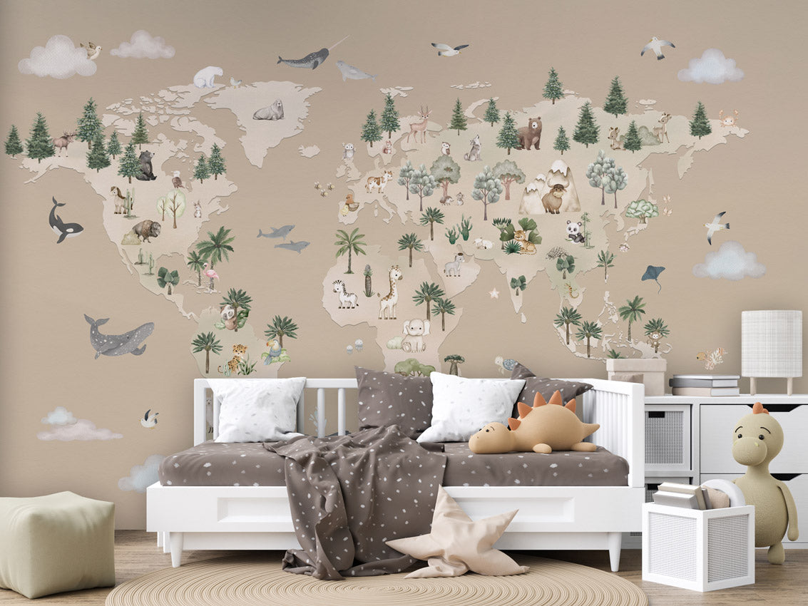 Animal Atlas - brown kids room wallpaper interior — premium wallpaper by Artehub Egypt