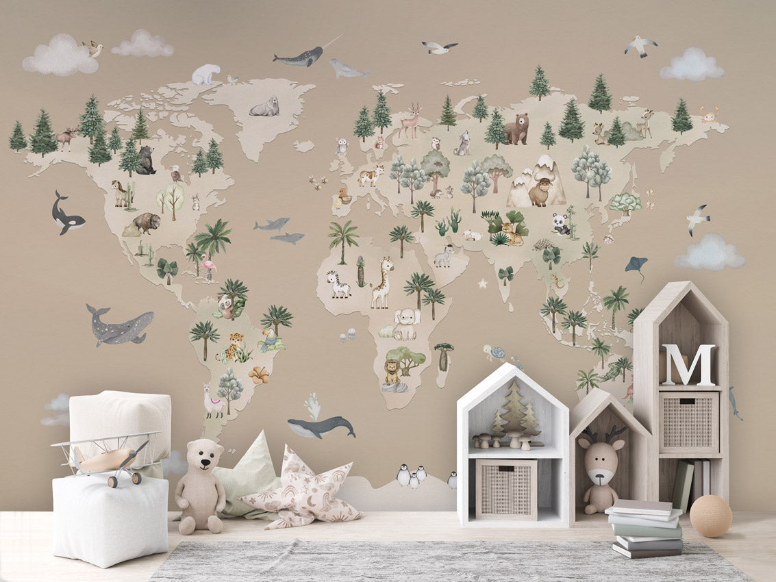 Animal Atlas - brown kids room wallpaper interior — premium wallpaper by Artehub Egypt