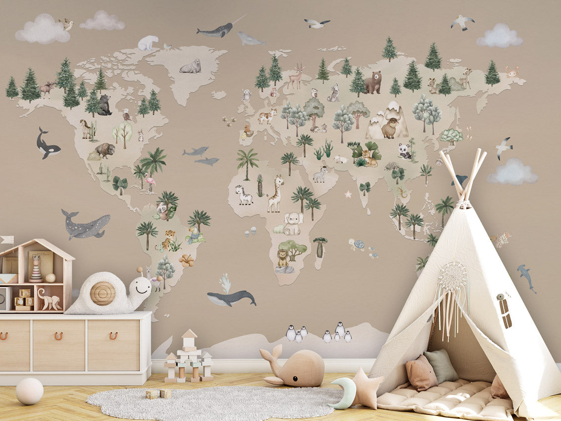 Animal Atlas - brown kids room wallpaper interior — premium wallpaper by Artehub Egypt