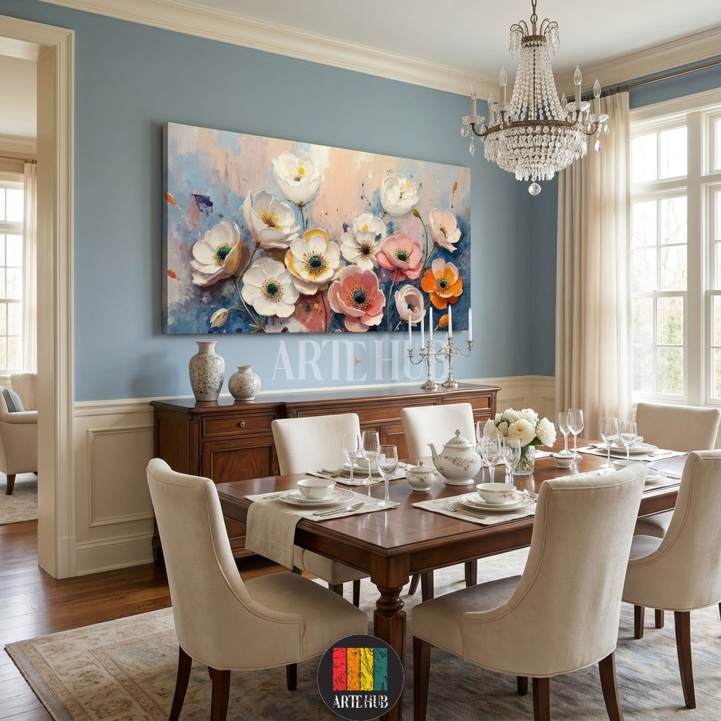 English: A wide-format canvas wall art featuring white and pink anemone flowers in a modern, luxurious Egyptian living room, designed by Artehub Egypt.

Arabic: تابلوه كانفاس عريض يضم زهور الأنيمون باللونين الأبيض والوردي في غرفة معيشة عصرية فاخرة داخل مصر من تصميم ارت هب Artehub.