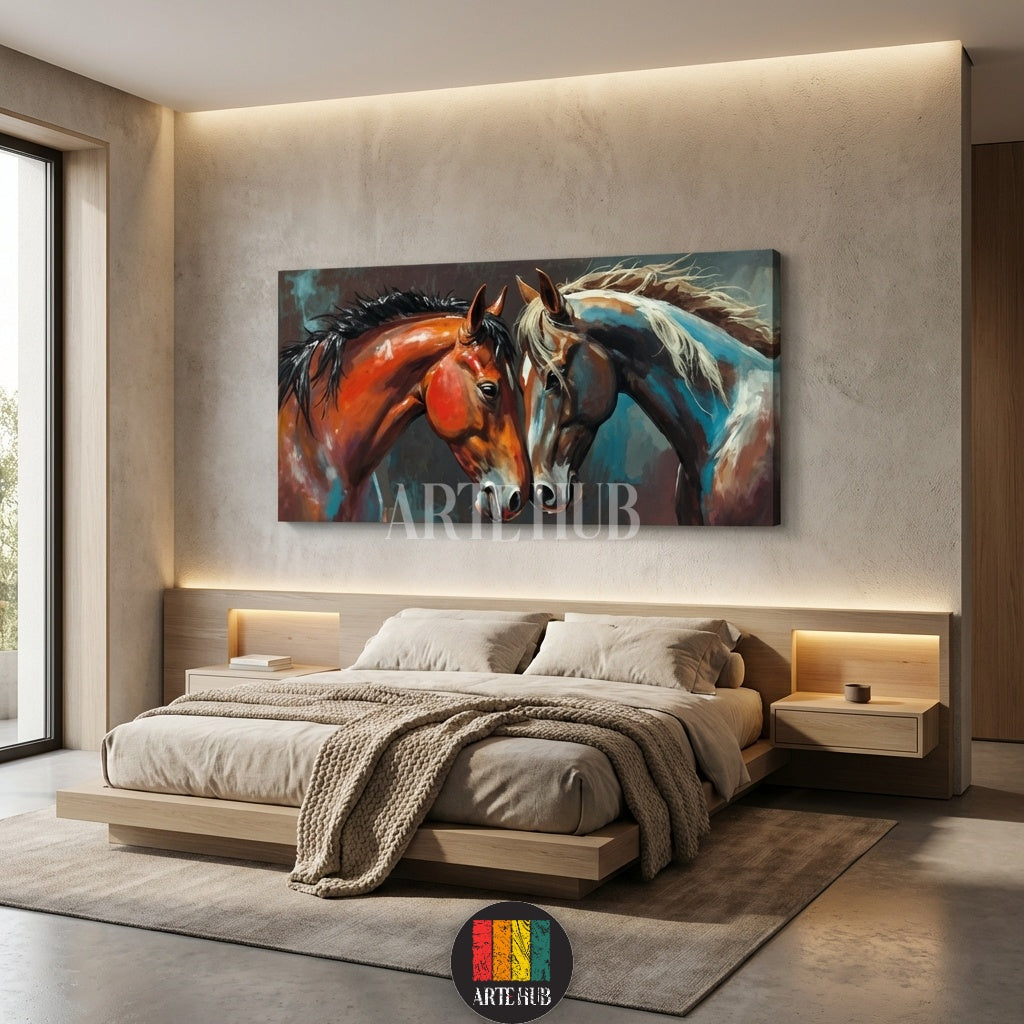 A vibrant oil-style canvas print of two horses facing each other, featuring warm and cool tones, perfect for modern Egyptian interiors by Artehub Egypt.

 لوحة كانفاس فنية لخيول عربية بألوان زيتية تعبيرية، مثالية لتزيين جدران المنازل في مصر من إنتاج Artehub.
