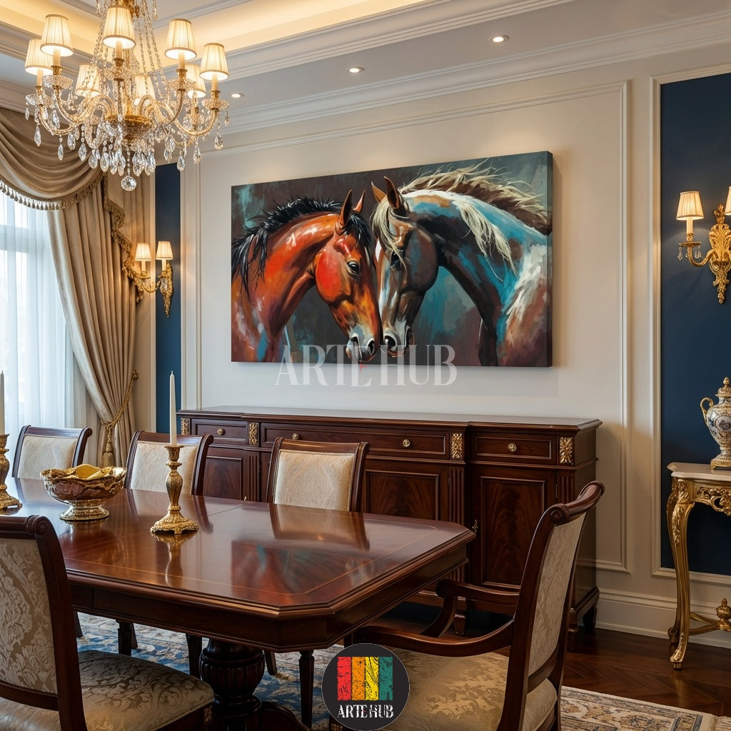  A vibrant oil-style canvas print of two horses facing each other, featuring warm and cool tones, perfect for modern Egyptian interiors by Artehub Egypt.

 لوحة كانفاس فنية لخيول عربية بألوان زيتية تعبيرية، مثالية لتزيين جدران المنازل في مصر من إنتاج Artehub.