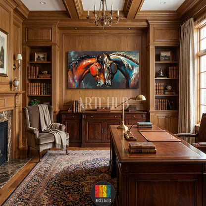  A vibrant oil-style canvas print of two horses facing each other, featuring warm and cool tones, perfect for modern Egyptian interiors by Artehub Egypt.

 لوحة كانفاس فنية لخيول عربية بألوان زيتية تعبيرية، مثالية لتزيين جدران المنازل في مصر من إنتاج Artehub.