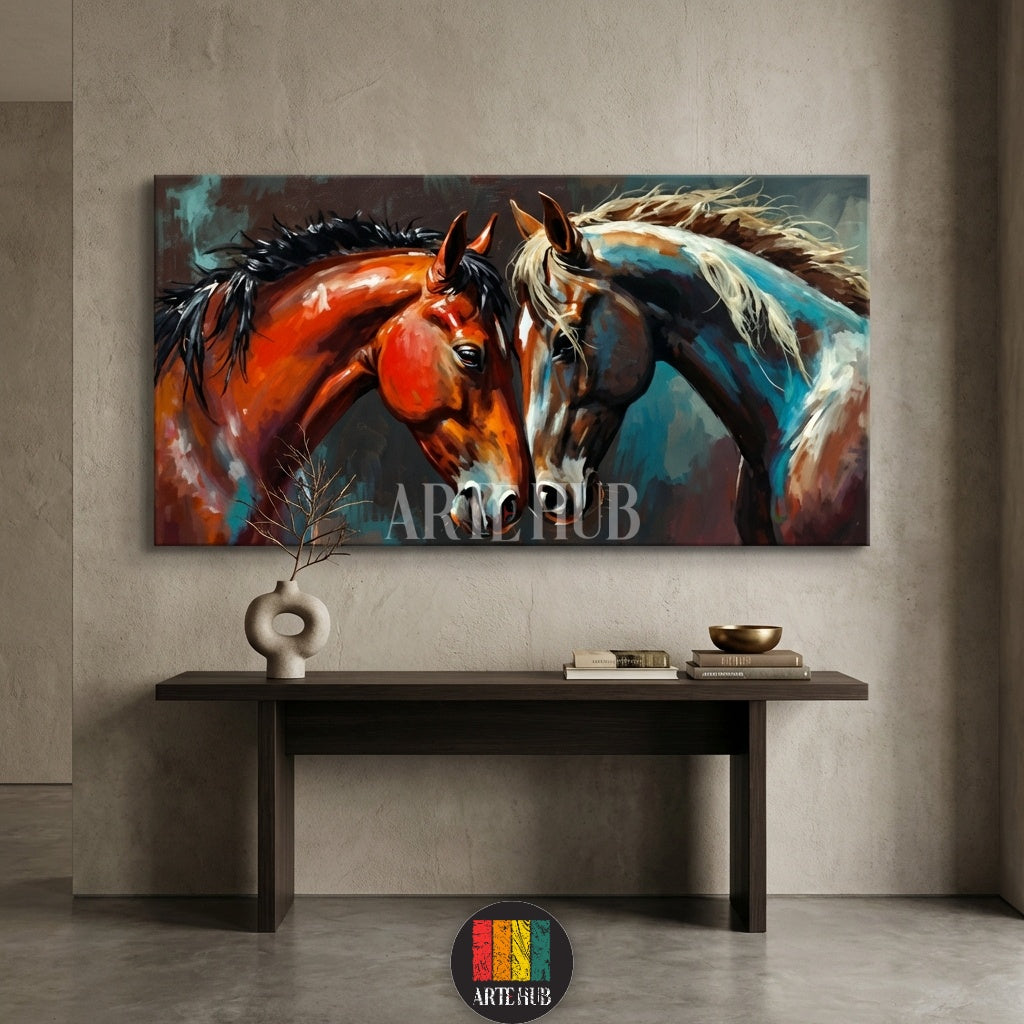  A vibrant oil-style canvas print of two horses facing each other, featuring warm and cool tones, perfect for modern Egyptian interiors by Artehub Egypt.

 لوحة كانفاس فنية لخيول عربية بألوان زيتية تعبيرية، مثالية لتزيين جدران المنازل في مصر من إنتاج Artehub.