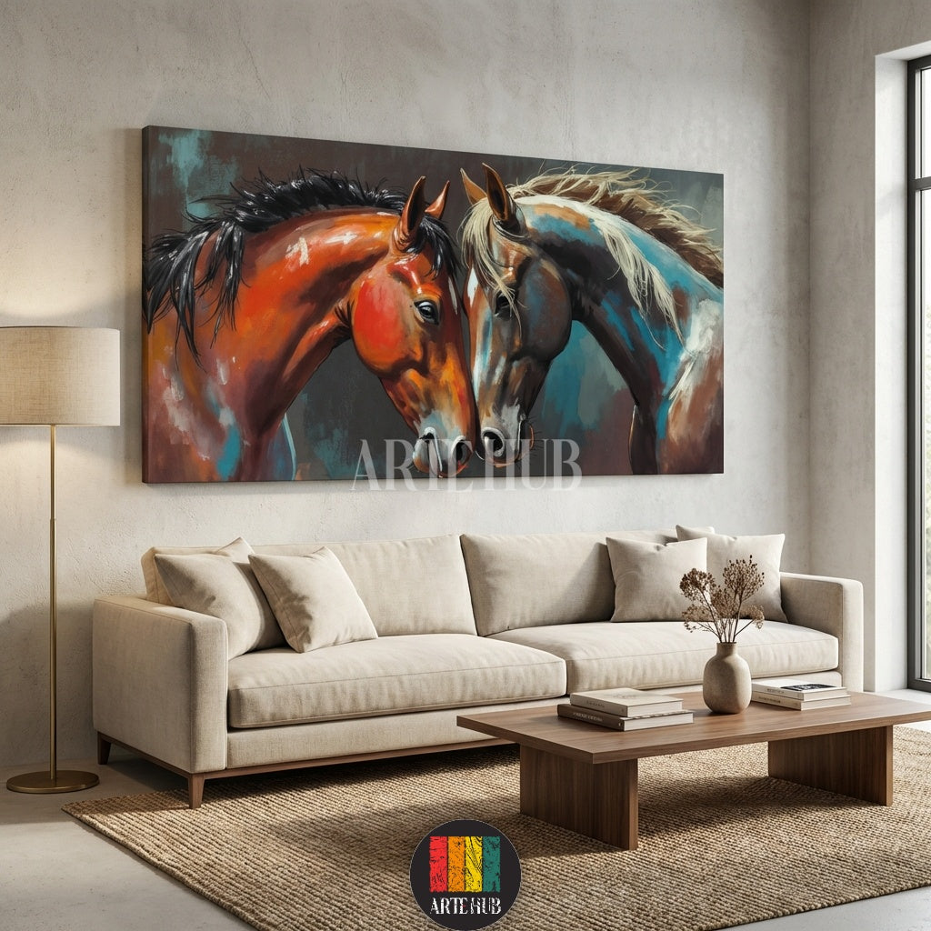  A vibrant oil-style canvas print of two horses facing each other, featuring warm and cool tones, perfect for modern Egyptian interiors by Artehub Egypt.

 لوحة كانفاس فنية لخيول عربية بألوان زيتية تعبيرية، مثالية لتزيين جدران المنازل في مصر من إنتاج Artehub.