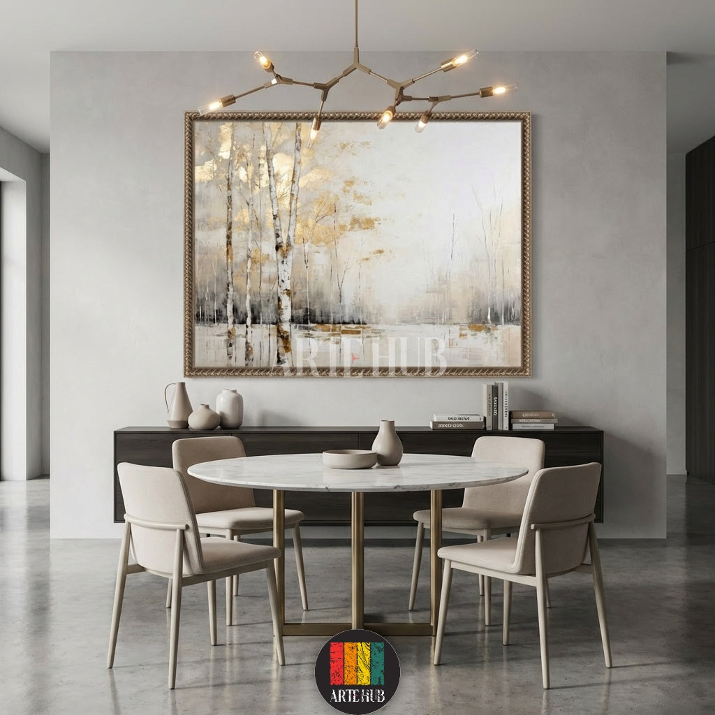 A large square canvas wall art featuring abstract birch trees with gold leaf accents hanging above a modern bed in a neutral-toned bedroom in Egypt by Artehub.

تابلوه كانفاس كبير يصور أشجار البتولا بلمسات ذهبية معلقة فوق سرير عصري في غرفة نوم مصرية بتصميم نيوترال من Artehub مصر.