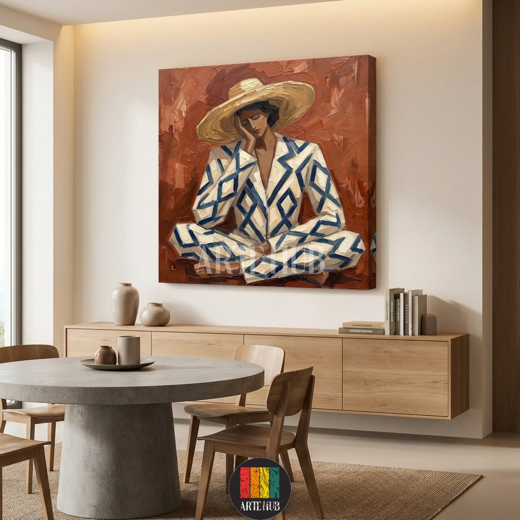Detailed abstract oil painting style canvas from Artehub showing a person in a geometric blue and white outfit, adding a contemporary touch to Egyptian home decor.

 لوحة كانفاس فنية من Artehub بتصميم تجريدي لشخص يرتدي بدلة بنقوش هندسية، مناسبة لديكور الحوائط المودرن في مصر.