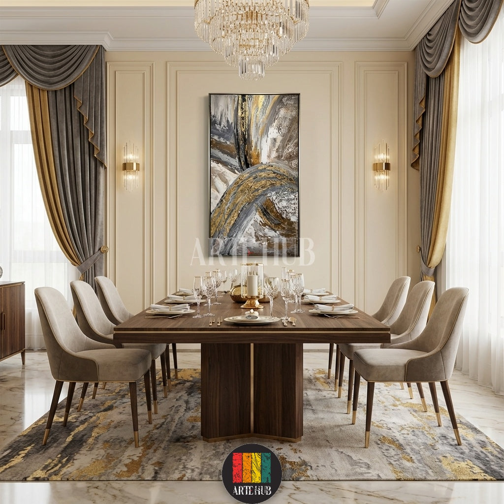 A luxurious abstract canvas painting featuring gold and grey swirls, hung in a modern, elegant living room in Egypt with a beige sofa and marble coffee table, enhancing Egyptian home decor.
تابلوه كانفاس فني تجريدي فاخر بألوان ذهبية ورمادية متداخلة، معروض في غرفة معيشة عصرية وأنيقة في مصر، يكمل ديكور المنزل المصري بشكل رائع.
