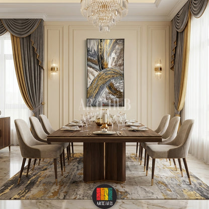 A luxurious abstract canvas painting featuring gold and grey swirls, hung in a modern, elegant living room in Egypt with a beige sofa and marble coffee table, enhancing Egyptian home decor.
تابلوه كانفاس فني تجريدي فاخر بألوان ذهبية ورمادية متداخلة، معروض في غرفة معيشة عصرية وأنيقة في مصر، يكمل ديكور المنزل المصري بشكل رائع.