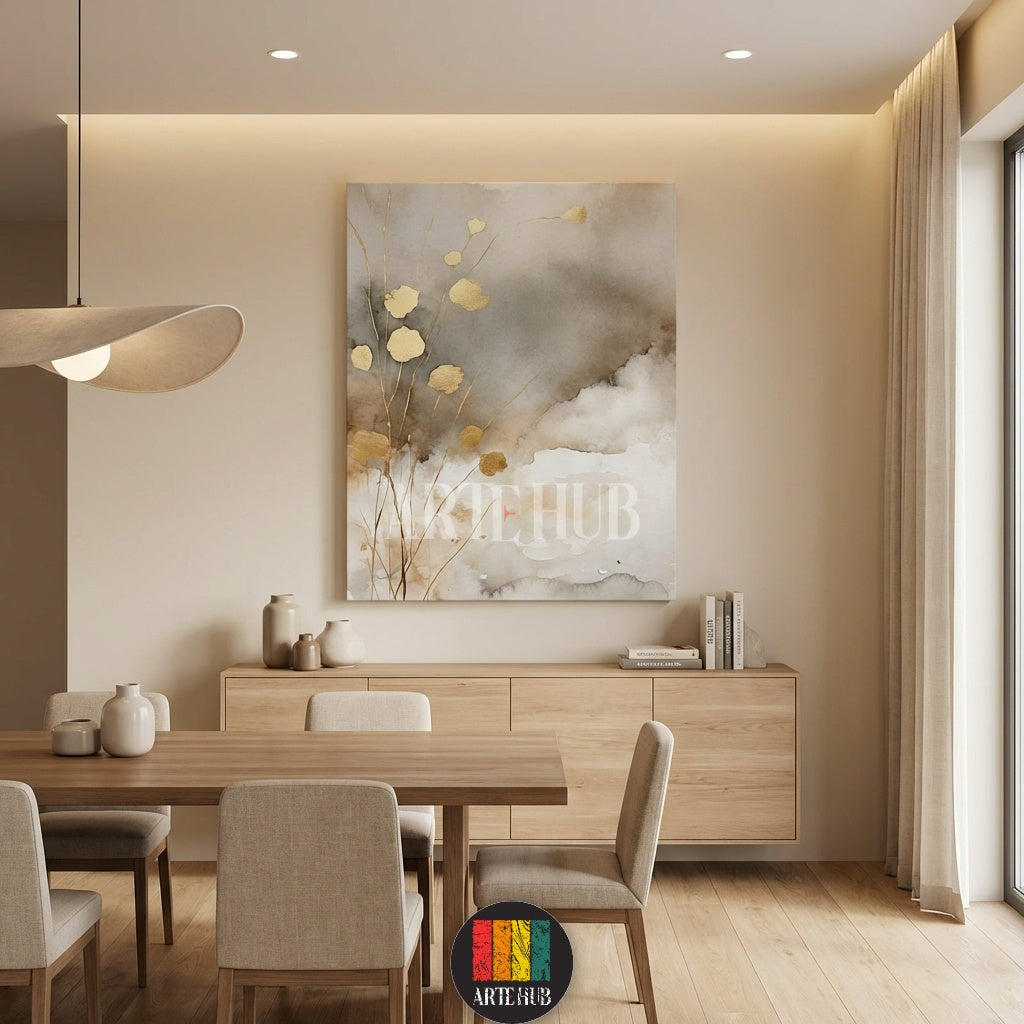 Detailed abstract gold leaf floral canvas wall art on a neutral watercolor background, perfect for modern Egyptian homes. Quality wall decor by Artehub in Egypt.

لوحة فنية تابلوه كانفاس لزهور ذهبية تجريدية مع خلفية ألوان مائية هادئة، قطعة ديكور مثالية للمنازل في مصر من آرت هب Artehub.