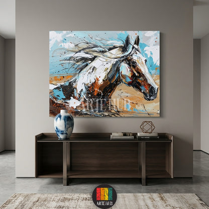 A vibrant abstract painting of a horse with dynamic blue and orange brushstrokes by Artehub, a premium wall art choice for Egyptian style homes in Egypt.

لوحة فنية تجريدية لحصان بألوان زاهية وضربات فرشاة ديناميكية من Artehub، إضافة رائعة ومميزة لديكور المنازل في مصر.