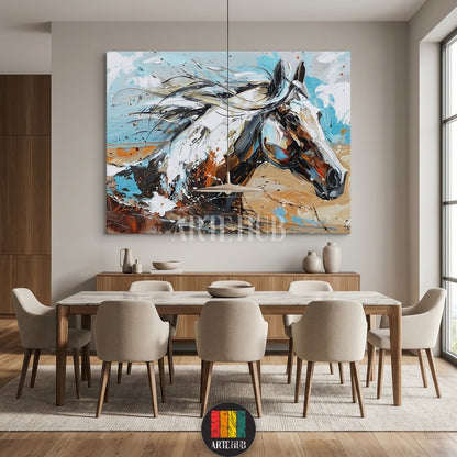 A vibrant abstract painting of a horse with dynamic blue and orange brushstrokes by Artehub, a premium wall art choice for Egyptian style homes in Egypt.

لوحة فنية تجريدية لحصان بألوان زاهية وضربات فرشاة ديناميكية من Artehub، إضافة رائعة ومميزة لديكور المنازل في مصر.