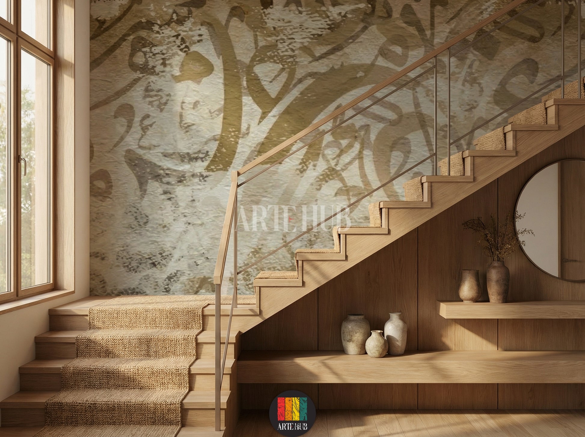 Detailed view of a room featuring a wall covered with abstract Arabic calligraphy wallpaper in earthy tones, providing a unique Egyptian style home decor. The room includes a rattan bed, white bedding, and modern furniture.
غرفة أنيقة بتصميم ورق حائط خط عربي تجريدي بألوان ترابية، يضيف لمسة ديكور منزلية عصرية مستوحاة من مصر. تظهر تفاصيل السرير المصنوع من خشب الروطان وأثاث الغرفة الحديث.
room: stairs