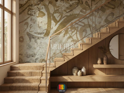 Detailed view of a room featuring a wall covered with abstract Arabic calligraphy wallpaper in earthy tones, providing a unique Egyptian style home decor. The room includes a rattan bed, white bedding, and modern furniture.
غرفة أنيقة بتصميم ورق حائط خط عربي تجريدي بألوان ترابية، يضيف لمسة ديكور منزلية عصرية مستوحاة من مصر. تظهر تفاصيل السرير المصنوع من خشب الروطان وأثاث الغرفة الحديث.
room: stairs