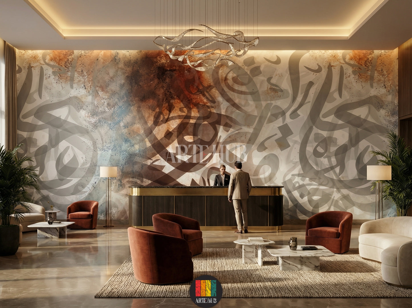 Full view of a lobby in Egypt featuring a large abstract Arabic calligraphy wallpaper with muted brown, blue, and grey tones, creating an elegant Egyptian style decor. A wooden dining table with beige and rust chairs is centered, with a chandelier overhead.
صورة كاملة لريسيبشن مطعم في مصر تتميز بورق حائط كبير بخط عربي تجريدي بألوان هادئة مثل البني والأزرق والرمادي، مما يخلق ديكوراً مصرياً أنيقاً. تتوسط الغرفة طاولة طعام خشبية مع كراسي باللون البيج والصدأ، وثريا معلقة.
room: lobby