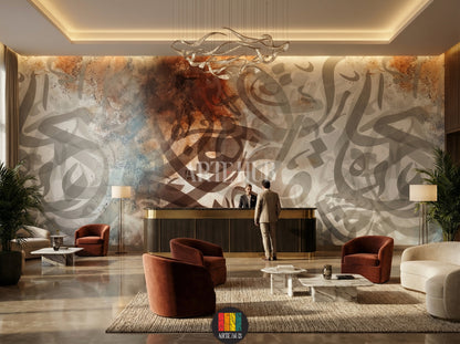 Full view of a lobby in Egypt featuring a large abstract Arabic calligraphy wallpaper with muted brown, blue, and grey tones, creating an elegant Egyptian style decor. A wooden dining table with beige and rust chairs is centered, with a chandelier overhead.
صورة كاملة لريسيبشن مطعم في مصر تتميز بورق حائط كبير بخط عربي تجريدي بألوان هادئة مثل البني والأزرق والرمادي، مما يخلق ديكوراً مصرياً أنيقاً. تتوسط الغرفة طاولة طعام خشبية مع كراسي باللون البيج والصدأ، وثريا معلقة.
room: lobby