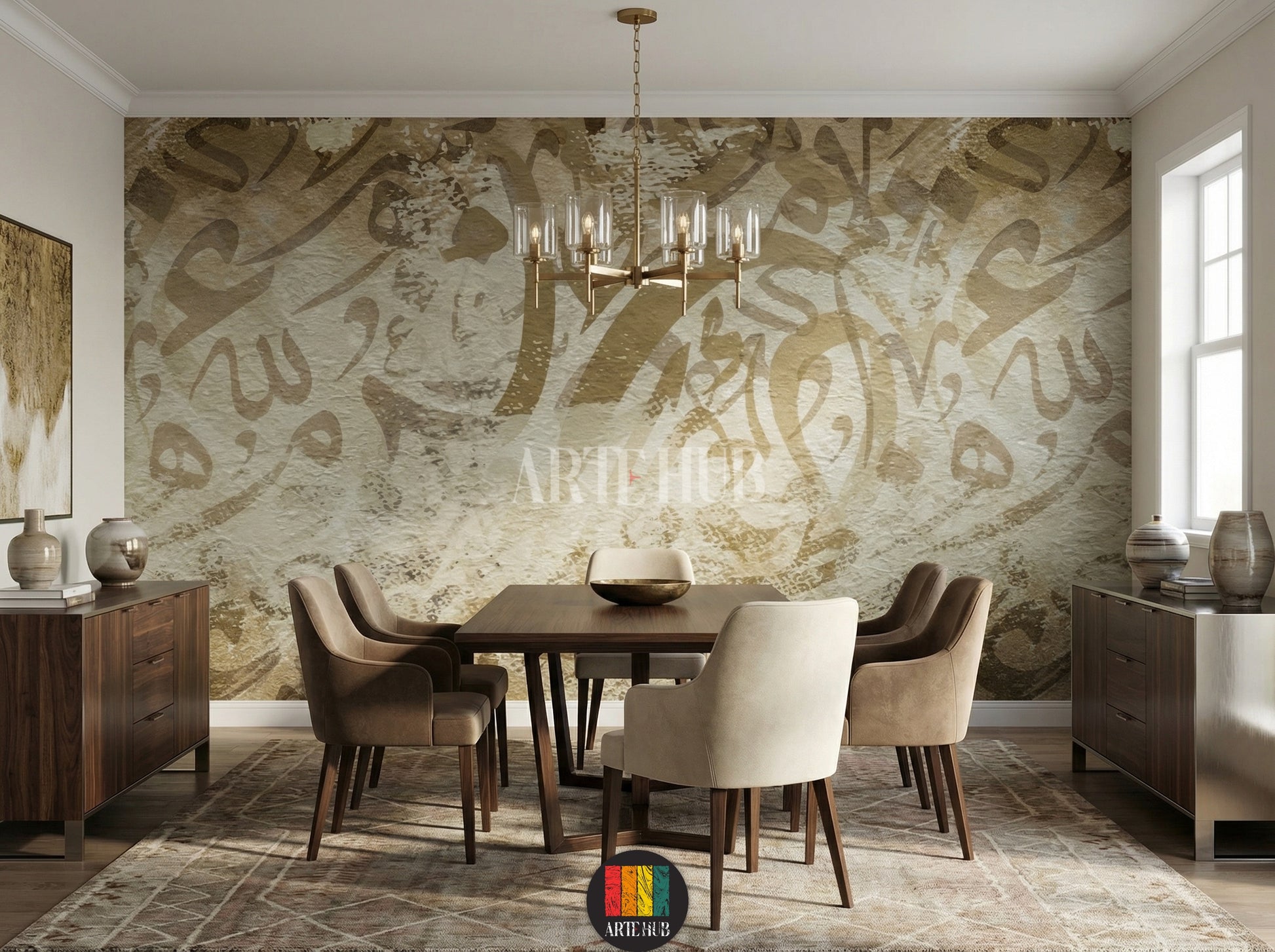 Detailed view of an elegant dining room featuring a wall covered with abstract Arabic calligraphy wallpaper in earthy tones, providing a unique Egyptian style home decor. The room includes a rattan bed, white bedding, and modern furniture.
غرفة سفرة أنيقة بتصميم ورق حائط خط عربي تجريدي بألوان ترابية، يضيف لمسة ديكور منزلية عصرية مستوحاة من مصر. تظهر تفاصيل السرير المصنوع من خشب الروطان وأثاث الغرفة الحديث.
room: dining room