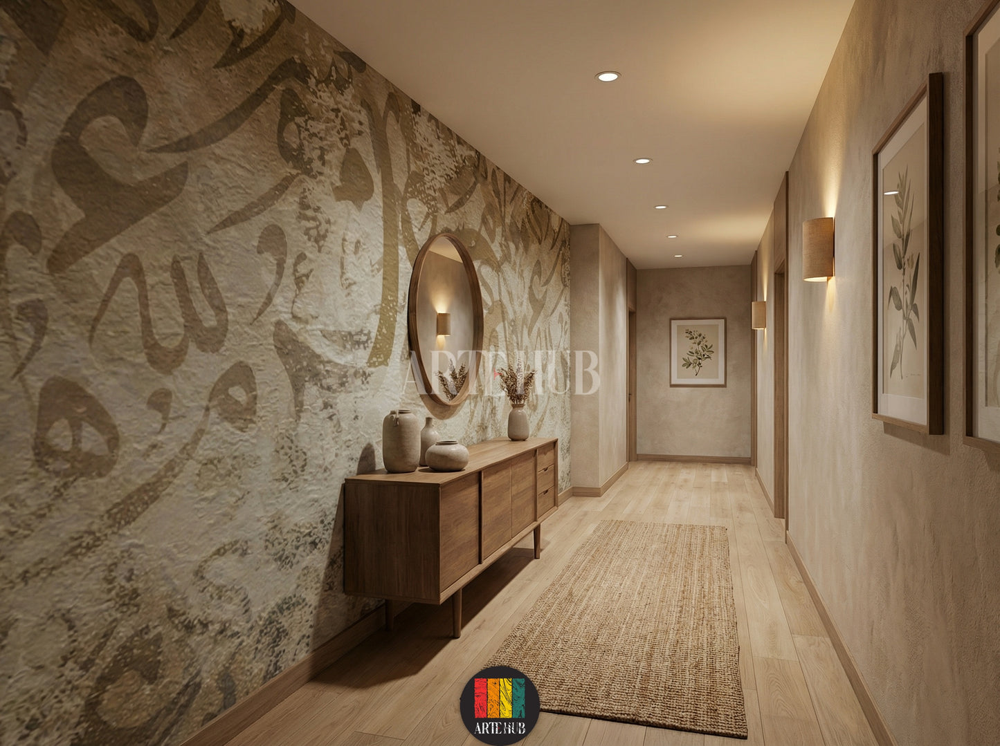 Detailed view of an elegant hallway featuring a wall covered with abstract Arabic calligraphy wallpaper in earthy tones, providing a unique Egyptian style home decor. The room includes a rattan bed, white bedding, and modern furniture.
غرفة أنيقة بتصميم ورق حائط خط عربي تجريدي بألوان ترابية، يضيف لمسة ديكور منزلية عصرية مستوحاة من مصر. تظهر تفاصيل السرير المصنوع من خشب الروطان وأثاث الغرفة الحديث.
room: hallway