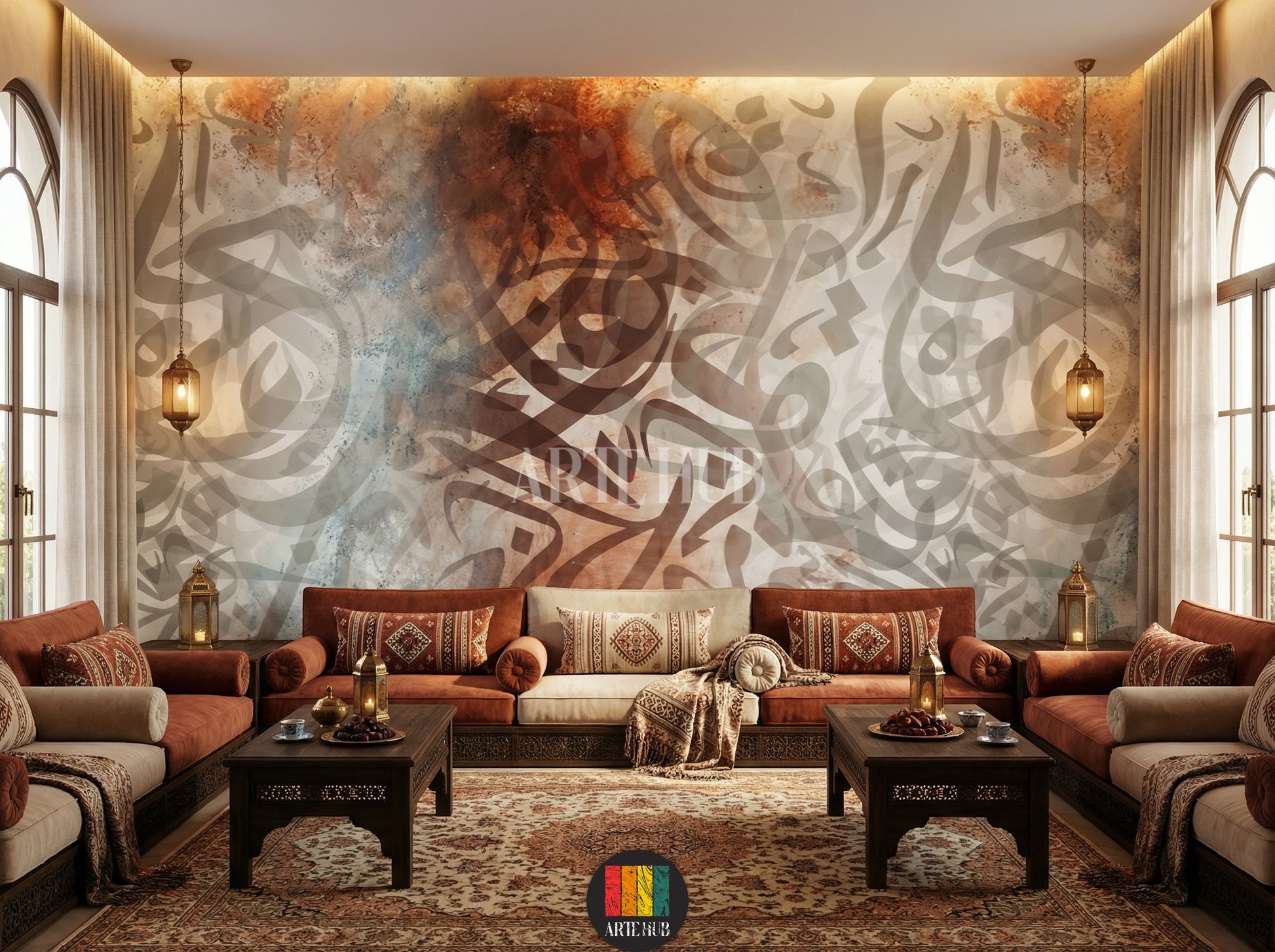 Full view of a modern majles room in Egypt featuring a large abstract Arabic calligraphy wallpaper with muted brown, blue, and grey tones, creating an elegant Egyptian style decor. A wooden dining table with beige and rust chairs is centered, with a chandelier overhead.
صورة كاملة لغرفة مجلس عصرية في مصر تتميز بورق حائط كبير بخط عربي تجريدي بألوان هادئة مثل البني والأزرق والرمادي، مما يخلق ديكوراً مصرياً أنيقاً. تتوسط الغرفة طاولة طعام خشبية مع كراسي باللون البيج والصدأ، وثريا معلقة.
room: majles room
