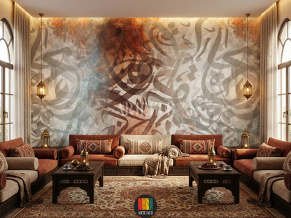 Full view of a modern majles room in Egypt featuring a large abstract Arabic calligraphy wallpaper with muted brown, blue, and grey tones, creating an elegant Egyptian style decor. A wooden dining table with beige and rust chairs is centered, with a chandelier overhead.
صورة كاملة لغرفة مجلس عصرية في مصر تتميز بورق حائط كبير بخط عربي تجريدي بألوان هادئة مثل البني والأزرق والرمادي، مما يخلق ديكوراً مصرياً أنيقاً. تتوسط الغرفة طاولة طعام خشبية مع كراسي باللون البيج والصدأ، وثريا معلقة.
room: majles room