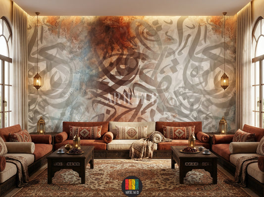 Full view of a modern majles room in Egypt featuring a large abstract Arabic calligraphy wallpaper with muted brown, blue, and grey tones, creating an elegant Egyptian style decor. A wooden  table with beige and rust chairs is centered, with a chandelier overhead.
صورة كاملة لغرفة مجلس عصرية في مصر تتميز بورق حائط كبير بخط عربي تجريدي بألوان هادئة مثل البني والأزرق والرمادي، مما يخلق ديكوراً مصرياً أنيقاً. تتوسط الغرفة طاولة طعام خشبية مع كراسي باللون البيج والصدأ، وثريا معلقة.
room: majles room