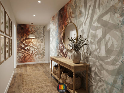 Full view of a modern hallway in Egypt featuring a large abstract Arabic calligraphy wallpaper with muted brown, blue, and grey tones, creating an elegant Egyptian style decor. A wooden dining table with beige and rust chairs is centered, with a chandelier overhead.
صورة كاملة لممر في مصر تتميز بورق حائط كبير بخط عربي تجريدي بألوان هادئة مثل البني والأزرق والرمادي، مما يخلق ديكوراً مصرياً أنيقاً. تتوسط الغرفة طاولة طعام خشبية مع كراسي باللون البيج والصدأ، وثريا معلقة.
room: hallway