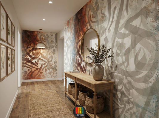 Full view of a modern hallway in Egypt featuring a large abstract Arabic calligraphy wallpaper with muted brown, blue, and grey tones, creating an elegant Egyptian style decor. A wooden  table with beige and rust chairs is centered, with a chandelier overhead.
صورة كاملة لممر في مصر تتميز بورق حائط كبير بخط عربي تجريدي بألوان هادئة مثل البني والأزرق والرمادي، مما يخلق ديكوراً مصرياً أنيقاً. تتوسط الغرفة طاولة طعام خشبية مع كراسي باللون البيج والصدأ، وثريا معلقة.
room: hallway